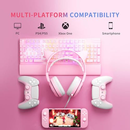 SOMIC G951s Pink Stereo Gaming Headset with Mic for PS4,Xbox,PC,Mobile Phone,3.5mm Noise Reduction Cat Ear Headphones Lightweight Over Ear Headphones for Woman - color: Pink