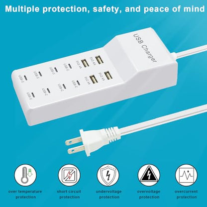 USB C Power Strip USB Charging Station 4 USB-A Ports and 8 USB-C Ports Multiple USB Charging Block with Auto-Detect Technology Compatible with Smart iPhone Tablet Laptop Multiple Devices