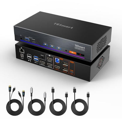 (DisplayLink MacBook) TESmart 4K@60Hz KVM Switch 3 Monitors for 1 MacBook & 1 Desktop, MST&EDID Triple Monitor KVM USB-C 100W PD, Gigabit LAN, USB 3.0, Button&Hotkey Switch, Include All Input Cables - style: 3 Monitors | 1 Desktop + 1 MacBook | 4K60Hz