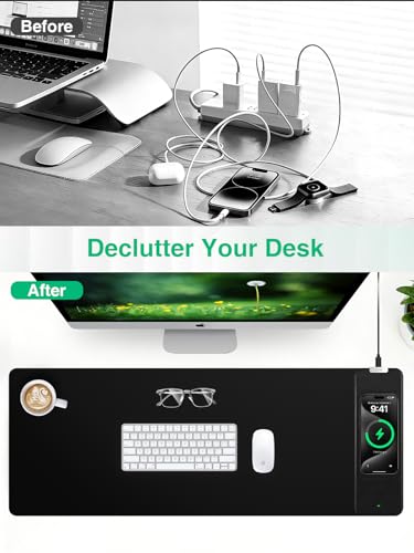 Mouse Pad with Wireless Charging, Black Mousepad Long Desk Mat, Large Gaming Mouse Pad, Soft Mouse Pad Gaming Desk Pad with Non-Slip Rubber Base, Extended Computer Keyboard Mat Office Mice Pad - color: 31.5x11.81"NO RGB-Black Right