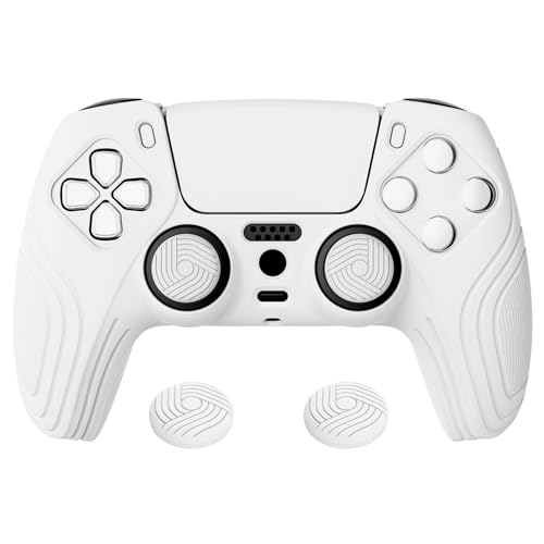 eXtremeRate PlayVital Samurai Edition White Anti-Slip Controller Grip Silicone Skin for ps5, Ergonomic Soft Rubber Protective Case for ps5 Controller with White Thumb Stick Caps - color: White