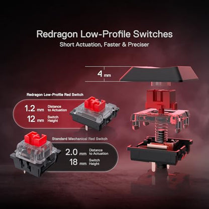 Redragon K618 PRO Wireless Ultra-Thin Gaming Keyboard, Macro & Media Scroll | 0-Delay Tri-Mode, 5 On-Board Keybinding G Buttons for MMO MOBA Games, Dedicated Media Control, Easy-Switch Win/Mac Compatible - color: Red Switch, size: K618 Wireless