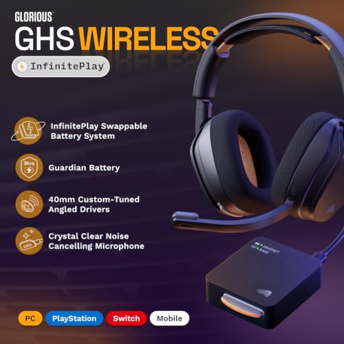 GLORIOUS GHS Wireless InfinitePlay - 2.4GHz & Bluetooth Wireless Gaming Headset for PC, PS5, PS4, Switch - Swappable 85Hr Batteries, Custom Tuned Drivers, Detachable Noise Cancelling Mic - Black - color: Black Wireless