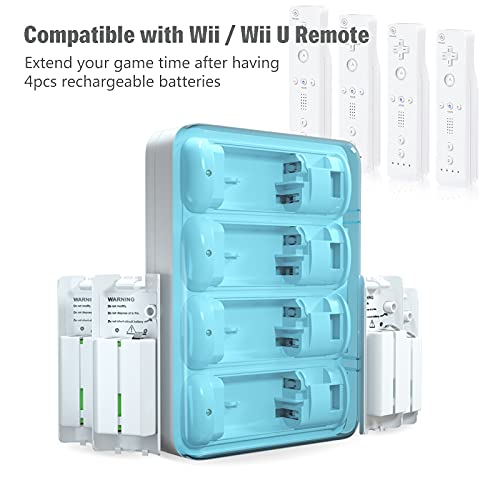 Battery Charger for Wii Remote Controller,4pcs 2800mAh NiMH Rechargeable Battery Packs with 4-in-1 Charging Station for Wii U Remote-White - color: White