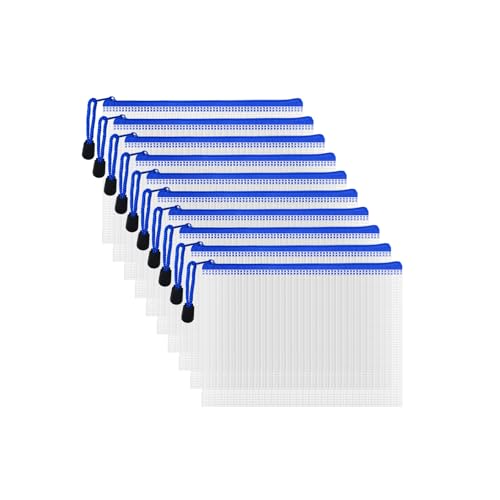 10 Pcs Zipper File Bags, Waterproof Plastic Mesh Pouch for Office School, Board Game Storage Bags (B6 Size 7.6''x5.3'', White and Blue) - color: White and Blue, size: B6 Size 7.6 x 5.3 inch