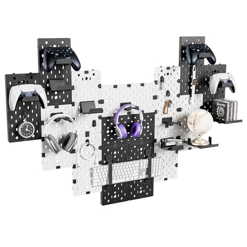 PEGZONE Controller and Headphone Holder Wall Mount, Modular Gaming Pegboard with Accessories, Controller Stand, Disc Shelf Organizer, 14pcs, Black & White - color: Black & White, size: 14 PCS