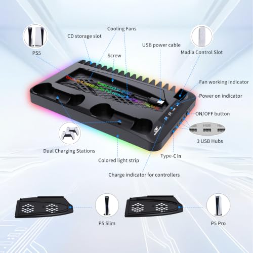 Cooling Station for Ps5/Slim/Pro Disc & Digital Playstation 5 Vertical Stand Organizer with Dual Controller Charger,16 Game Slots,7 Rgb,3 Level Cooler Fan,3 Usb Ports,Headset & Remote Holder - color: Transparent Black