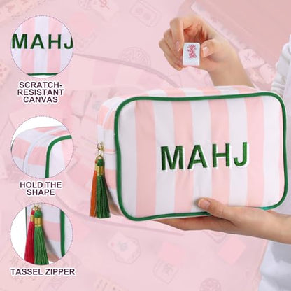 Sanwuta 1 Pcs Mahjong Tile Bag with Zipper,Pink, Green,Striped | Embroidered Mahjong Case for 166 American Mahjong Tiles (1.2") Portable Bags for Board Game Party Gathering Travel - color: Pink, style: Clean