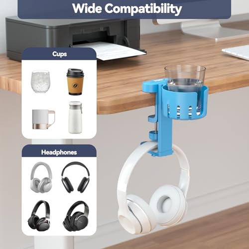 KDD 2 in 1 Headphone Hanger with Desk Cup Holder - Under Desk Clamp Rotatable Headset Holder - Suitable for Coffee Mups, Water Cups, Headphone(Blue)