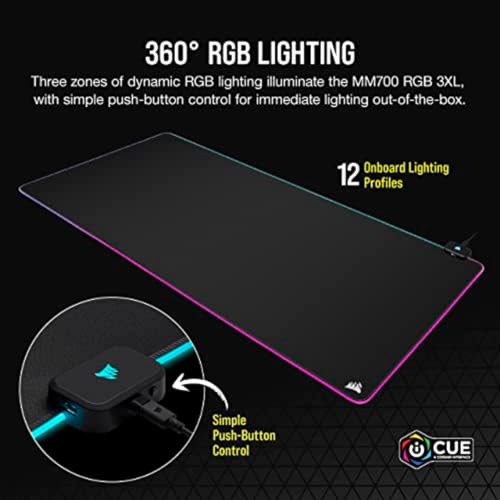 Corsair MM700 RGB Extended 3XL Cloth Gaming Mouse Pad/Desk Mat - Massive 1,220mm x 610mm (48” x 24”) Cloth Surface, 360° Three-Zone RGB Lighting, Two USB Ports - Black - size: 48"L x 24"W