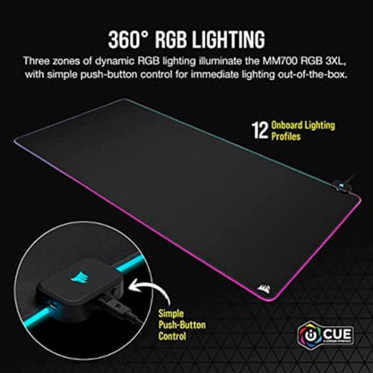Corsair MM700 RGB Extended 3XL Cloth Gaming Mouse Pad/Desk Mat - Massive 1,220mm x 610mm (48” x 24”) Cloth Surface, 360° Three-Zone RGB Lighting, Two USB Ports - Black - size: 48"L x 24"W
