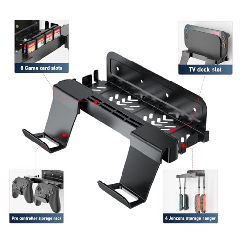 Wall Mount for Nintendo Switch 2 /Switch OLED/Switch Console, Switch 2 holder with Storage 8 Card Slots,2 Pro Controller and 4 Joycon Hanger-Install Behind TV, Black