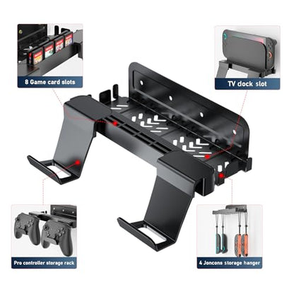 Wall Mount for Nintendo Switch 2 /Switch OLED/Switch Console, Switch 2 holder with Storage 8 Card Slots,2 Pro Controller and 4 Joycon Hanger-Install Behind TV, Black