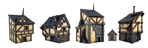 War World Gaming Fantasy Village Set of 4 Houses – 28mm Heroic Scale Wargaming Terrain Model Diorama Scenery Wargame Tabletop Medieval Battle Wargame Battleboard