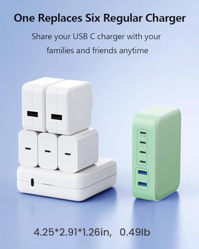 USB C Charger 200W USB C Charging Block,6 Ports GaN IV Foldable Wall Charger,QC4.0 Fast Charging Station Hub,PD 65W Laptop Charger for MacBook Pro/Air,Dell,iPhone 16/15,iPad,Galaxy,Steam Deck (Green)