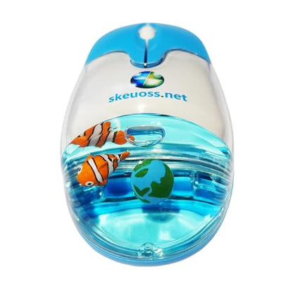Frutiger Aero Aqua Mouse - Clear Blue USB-C Rechargeable Wireless & Bluetooth Optical Retro Computer Mouse with Liquid Water Section and Floaters (Globe, Clownfish)