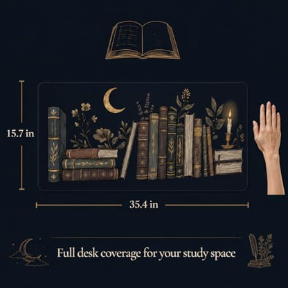 Dark Academia Desk Mat 35.4x15.7 Inch, Large Extended Mouse Pad with Bookshelf Design, Non-Slip Waterproof Desk Pad for Study, Home Office & Reading Setup - color: Black Bookshelf