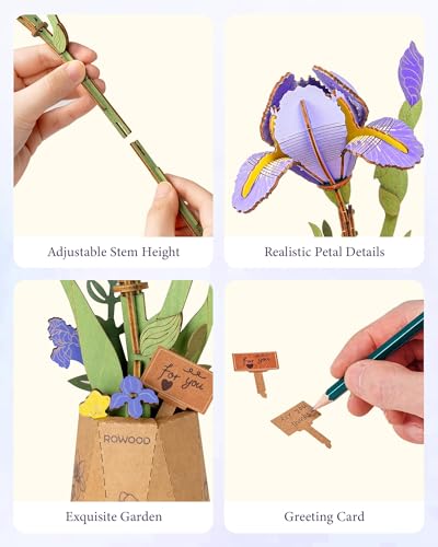 Rowood 3D Puzzles for Adults,DIY Mother's Day Wooden Flower Building Set Craft Kits, Botannical Collection Home Decor,Christmas/Birthday/Valentine's Day Gift- Purple Iris - style: Purple Iris