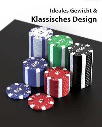 HEITOK Poker Chips 1000 Chips Set with Denominations, 11.5g Weighted Numbered Casino Chips Set, 2 Decks with Compact Aluminum Case for Texas Hold'em, Blackjack Chips | 2-20 players, numbered values 1/5/25/100/500, aluminum case, cards, dice, dealer/small/