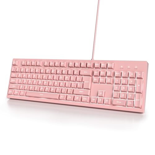 Pink Gaming Keyboard - 104 Keys Silent Creamy LED Backlit Double Shot Keycaps Wired Membrane Keyboard For PC Laptop