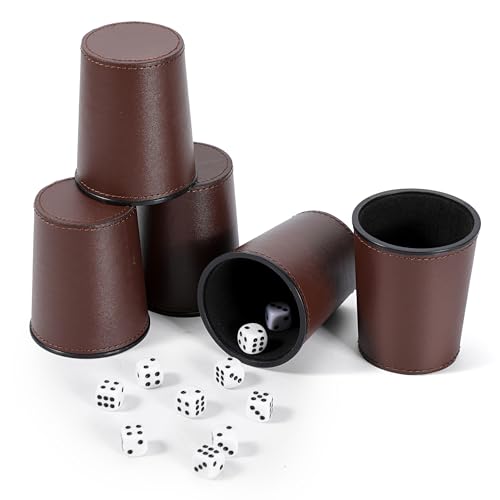 5X Dice Cup Set, PU Leather Dice Shaker Cups with 30 Dices for Bar Party Yahtzee Farkle Dice Games, Coffee (5, Brown) | PU leather dice set with 5 felt-lined cups, 25 dice and storage case for Liar’s Dice, craps, backgammon and party games - color: Brown