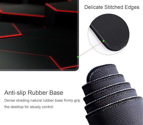 Gaming Mouse Pad Large, Keyboard Mouse Mat Desk Pad, Non-Slip Rubber Base with Stitched Edges Mousepad, 31.5X11.8 inch Abstract Black Hexagon Background with Red Line - color: Abstract Black Hexagon
