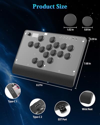 GM-16 Leverless Arcade Stick, Magnetic Detachable Panel, All-Button Fight Controller with 16 Keys, Tournament Lock with OLED, RGB, Turbo & Hot-Swappable for PS4/PS3/PC/Switch, Black