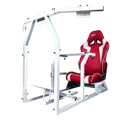 GTR Simulator GTA-F Racing Cockpit | Silver Frame with Triple/Single Monitor Stand | Adjustable Leatherette Seat | Stable & Ergonomic | Compatible with All Wheels & Pedals for PC & Console - color: White, Red White