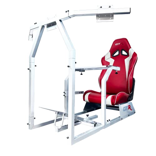 GTR Simulator GTA-F Racing Cockpit | Silver Frame with Triple/Single Monitor Stand | Adjustable Leatherette Seat | Stable & Ergonomic | Compatible with All Wheels & Pedals for PC & Console - color: White, Red White