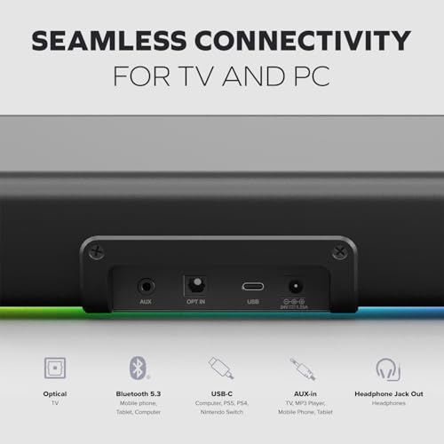 Creative Sound Blaster GS5 RGB Gaming Soundbar with SuperWide Technology, Powered via Adapter, Up to 60W Peak Power, Bluetooth 5.4, Optical-in, Headphone Output Port, for PC and TV