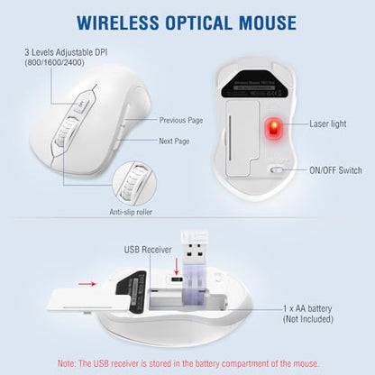 Wireless Keyboard and Mouse Combo, EDJO Full-Sized Ergonomic Computer Keyboard with Wrist Rest and 3 Level DPI Adjustable Wireless Mouse for Windows, Mac OS Desktop/Laptop/PC (White) - color: White