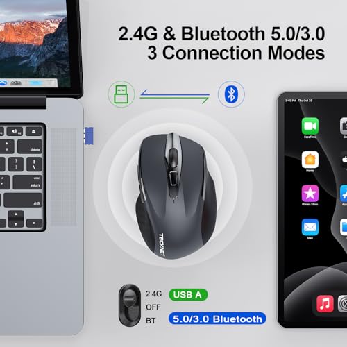 TECKNET Wireless Mouse, BT 5.0/2.4G, Silent 4800 DPI 6 Buttons, Grey | Bluetooth 5.0/3.0 & USB A, 2-Device Easy Switch, Wide OS Compatible, 6-DPI, Ergonomic for S/M Hands, Extended Battery - color: Grey