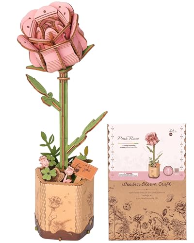 3D Flower Wooden Puzzles for Adults-Pink Rose, DIY Wooden Flowers Model Kit Building Set Crafts Birthday Gifts, Artificial Botanical Collection Creative Gift Ideas/Housewarming (104PCS) - style: TW - Pink Rose