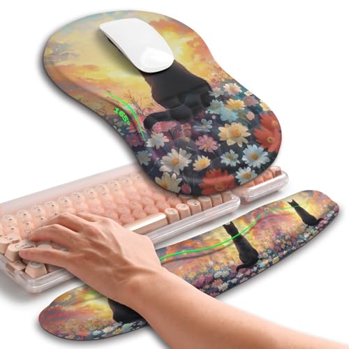 Hokafenle 2in1 Combination, Wave Keyboard Wrist Rest and Ergonomic Curvature Mouse Pad Wrist Support for Relieve Wrist Pain, Filled with Soft Cushion Memory Foam, Wishing Cat - color: Wishing Cat