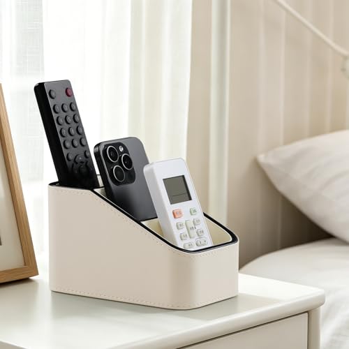 PU Leather Remote Control Holder, Small Desk Organizer Office Supply Bedside Caddy for Nightstand End Table Couch, Pen Remote Organizer with 3 Compartments (Cream) - color: Cream