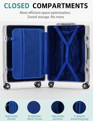 20" Carry On Suitcase Zipperless Aluminum Frame Luggage, Silver | TSA Lock, Lightweight, PC Hardshell, Rolling Carry-On Luggage with Wheels, Hardside, Business Travel - color: Silver