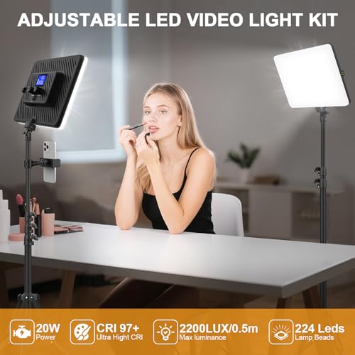 2 Packs LED Video Light with 63" Tripod Stand, QEUOOIY 20W Bi-Color Photography Lighting Kit, Dimmable 2500-8500K Studio Conference Light, Built-in 8000mAh Battery for YouTube/TikTok/Vlog/Streaming