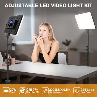2 Packs LED Video Light with 63" Tripod Stand, QEUOOIY 20W Bi-Color Photography Lighting Kit, Dimmable 2500-8500K Studio Conference Light, Built-in 8000mAh Battery for YouTube/TikTok/Vlog/Streaming