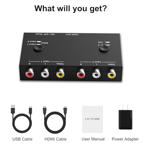2 Port RCA/AV to HDMI Converter Adapter Support 16:9/4:3 for WII/N64/PS1/PS2/PS3/VHS/VCR/DVD Players etc(2 AV in 1 HDMI Out) - style: 2Port AV to HDMI Converter