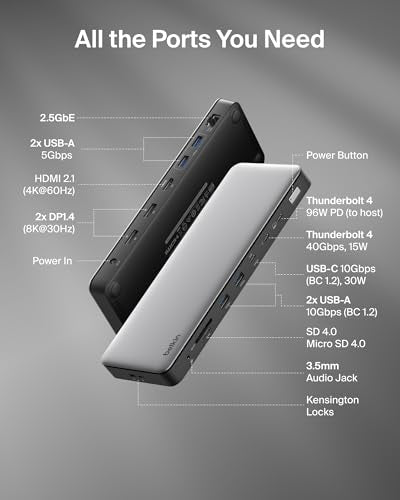 Belkin Connect Thunderbolt™ 4 Dock, 14-in-1 Docking Station 96W w/Triple 4K 60Hz Display Support, 40Gbps Data Transfer, 2.5Gb Ethernet Port, Daisy Chain up to 6 Devices, USB-C Laptop Expansion Hub