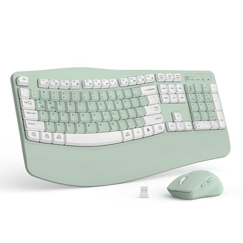 Wireless Keyboard and Mouse Combo,2.4G Ergonomic Wave Keys(Avocado Green-A) | Full Size Cordless Keyboard with Wrist Rest,3-Level DPI Ergonomic Mouse for Office and Home,Windows/Mac OS/Desktop/Laptop/PC - color: Avocado Green-A