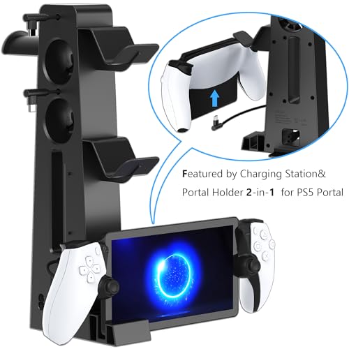 PS5 Slim Charging Station with Cooling Fan and Dual Controller Charger, RGB PS5 Slim Stand with Headset Holder & PS Portal Dock, Compatible with PS5 Slim Disc/Digital Console Gaming Accessories