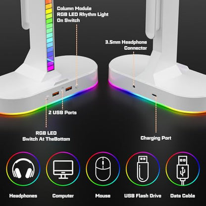 Cool RGB Headphone Stand with Charging Station - Sleek Dual Headset Holder, 3 USB Ports & 3.5mm Audio, 8 Light Modes | Ultimate Gaming Gift for Men, Boyfriend, Teen Boys - Modern White Design - color: White