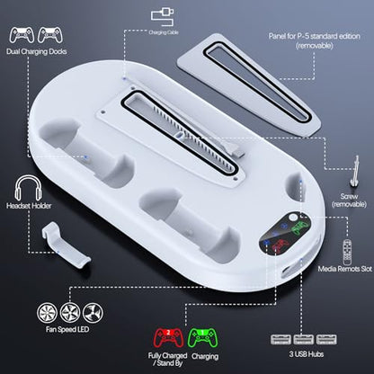 AMZDM Cooling Station PS5 Slim Stand PS5 Pro Cooling Fan with Charging Station PlayStation 5 Console Cooler with Docking Station Controller Charger PlayStation 5 Pro & Slim Disc & Digital White - color: Off-White