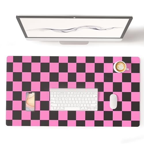 Colorful Star Black Pink Plaid PU Leather Mouse Pad, 31.5" x 15.7" | Waterproof Office Desk Mat, Non-Slip Gaming Mouse Pad, XXL PC Laptop Protector Pads, Desk Writing Pads for Office Home - color: Black and Pink Plaid, size: 31.5" x 15.7"
