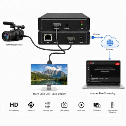 1080P60 HDMI Encoder for Live Streaming, H.264 Video Encoder with SRT, RTMP, RTSP, HLS, UDP Multicast and ONVIF, HDMI Loop Out, IPTV Encoder Compatible with YouTube, Facebook Live and Twitch - color: HDMI EnCoder 1080P [EN-HHN06_LITE]