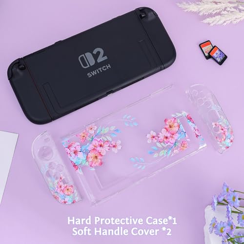 DLseego Protective Case Flower Floral Clear Switch 2 (2025), Detachable Joy-Handle Protective Case 2-Piece Split Full Wrap PC Hard Shell Anti-Scratch All-Round Protection Cover, Peach Blossom, Pink - color: Pink