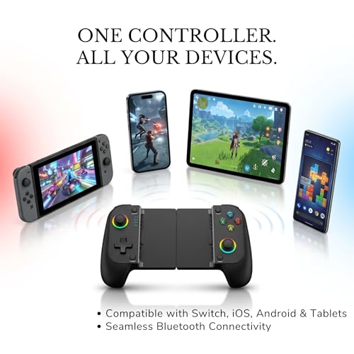 Digital Dynasty Bluetooth Mobile Gaming Controller for Switch, iOS, Android & Tablets, Wireless Gamepad with Adjustable Clip, Dual Vibration, Key Mapping Support