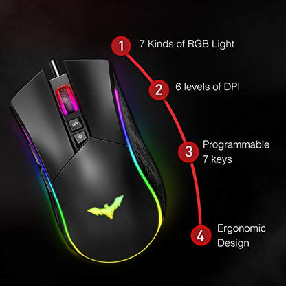 havit RGB Gaming Mouse Wired Programmable Ergonomic USB Mice 4800 Dots Per Inch 7 Buttons & 7 Color Backlit for Laptop PC Gamer Computer Desktop (Black)
