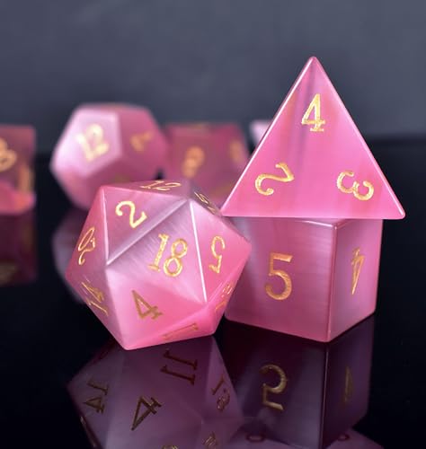 Natural Gemstone DND Dice Set,7 Pcs Pink Cat's Eye Handmade Polyhedral D&D Dice with Gift Metal Box for Dungeons and Dragons MTG Role Playing Games (Pink Cat's Eye) - color: Pink Cat's Eye